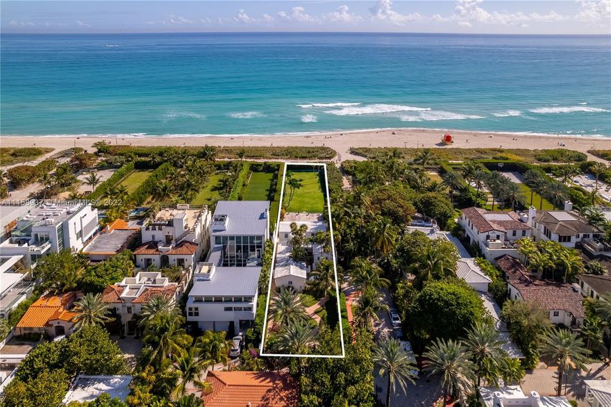 Live directly on the ocean with unobstructed views of the Atlantic Ocean and directly on the sand of Miami Beach, this beautiful two-story beach bungalow features four bedrooms and four bathrooms, a circular driveway, balcony and a two-car garage, in a private gated property framed by soaring palms. The open floorplan is filled with natural light and features a kitchen, living room and Florida room. The expansive backyard is perfect for entertaining or enjoy a tranquil life on the ocean on this 16,000 square foot lot. Minutes from exclusive shops and restaurants of Bal Harbour, parks and entertainment, this property is truly special, the best value property south of Golden Beach.