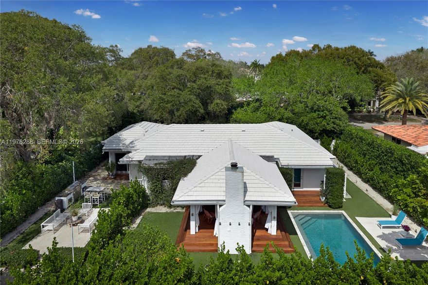 Experience the ultimate outdoor oasis in the heart of Miami Shores, East of Biscayne. Steps from the Water and Miami Shores Country Club, this 3BR/2BA luxury retreat is a masterpiece of design. The backyard sanctuary is built for entertaining, featuring a resort-like pool, a built-in BBQ area, and a stunning elevated covered patio complete with a TV and fireplace. Inside, a seamless open floor plan highlights wood and tile flooring. The dining room impresses with wood-beamed ceilings, while the spacious master suite offers a spa-like bath and direct access to the backyard. Located on a quiet, private street with no through traffic, this is a rare, one-of-a-kind opportunity to own a piece of paradise.