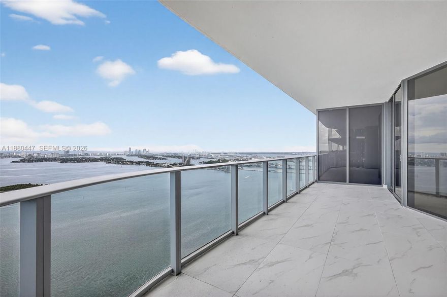 Enjoy the best views in Miami from Aria Reserve! The open panoramic view looks over Biscayne Bay and Miami Beach, you can see the ocean, the port of Miami, and up to Fort Lauderdale. This 4 bedroom corner unit has 5.5 bathrooms, a family room, and a staff room /large laundry room.  With over $100,000 in upgrades, including Laurent counter tops, porcelain tile floors, glass in showers, upgraded bathroom mirrors, this home is move in ready. Aria Reserve has over 2 acres of amenities: 3 pools, 3 hot tubs, fitness center, spa, game room, kids room, kids splash area, putting green, 3 BBQ areas, tennis, padelball, pickleball, basketball, and more! TWO parking spaces included (each a $100,000 value)! 300 Sq. ft. of Terrace Space.