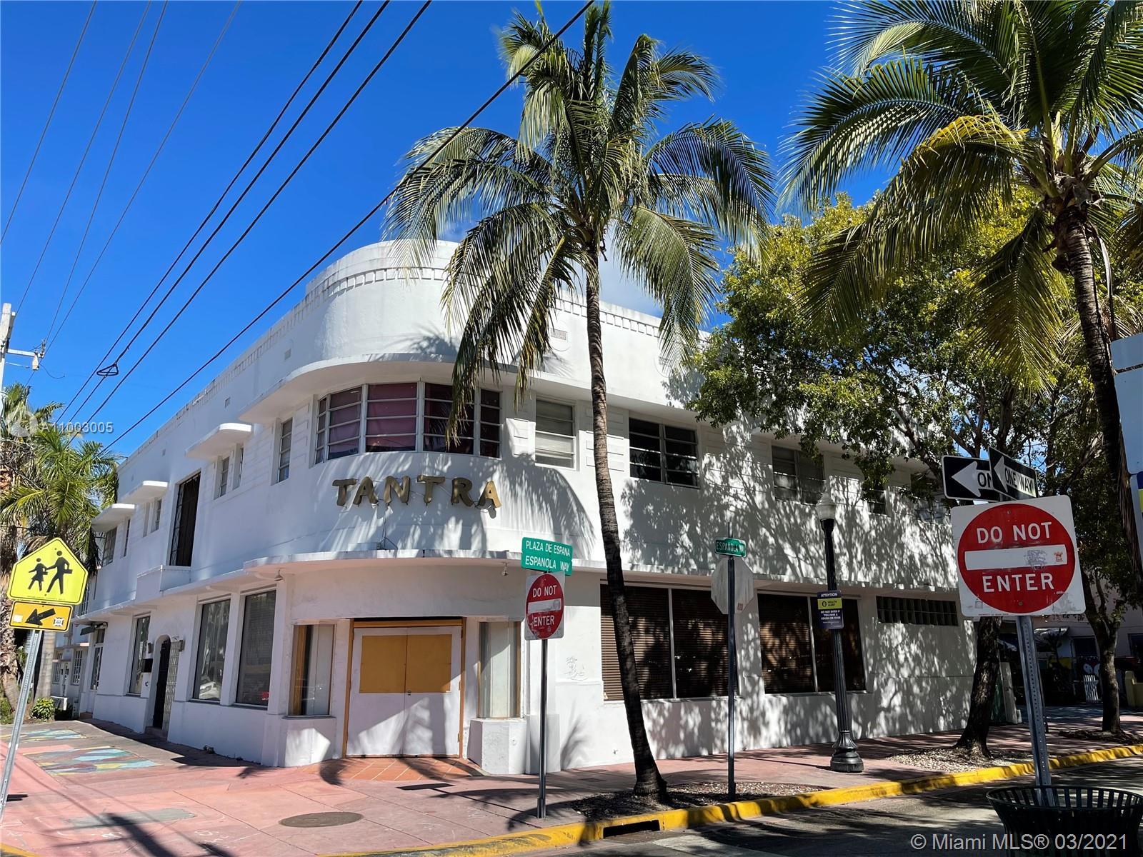The legendary Tantra Building is now for sale. Tantra one of Miami Beach's most successful restaurant and lounge. The chic establishment operated 1997 to 2017. The corner Property is located on historic Espanola Way and Pennsylvania Ave., in Miami Beach. 8 apartments located on the 2nd floor. The apartments can be rented daily or longer. Ground floor ceiling height is approximately 11', the corner location allows for great exposure, large windows bring in light making this a perfect location for a restaurant or upscale retail. Miami Beach is one of the most sought after locations in world and should continue as such into the future. Miami Beach is experiencing growth with more people working remotely and as a no income tax state. This all makes The Tantra Building a perfect investment.