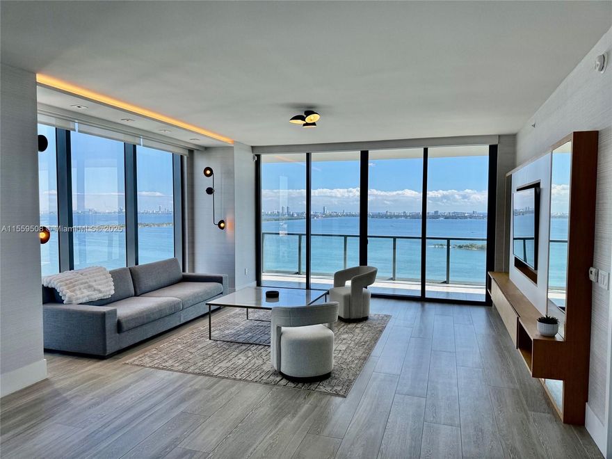 Welcome to luxury waterfront living at the sophisticated boutique Elysee, located in prime Edgewater. This 3-bed - 4.5-bath + sunset den (possible 4th bedroom) residence is a beautiful flow-through unit with breathtaking views from your sunrise and sunset terraces. This unit offers custom designer built ins, porcelein floors throughout, along with motorized blackout blinds for the 10' floor to ceiling windows throughout. The Elysee offers its residents 5 star concierge services, along with first class amenities including sunrise and sunset pools, fitness center, spa, sky lounge, library, screening room, business center, butler and more. Private elevator entrance into your unit, and only two units per floor.Truly an exquisite offering that is vacant and ready for your luxury clients needs.