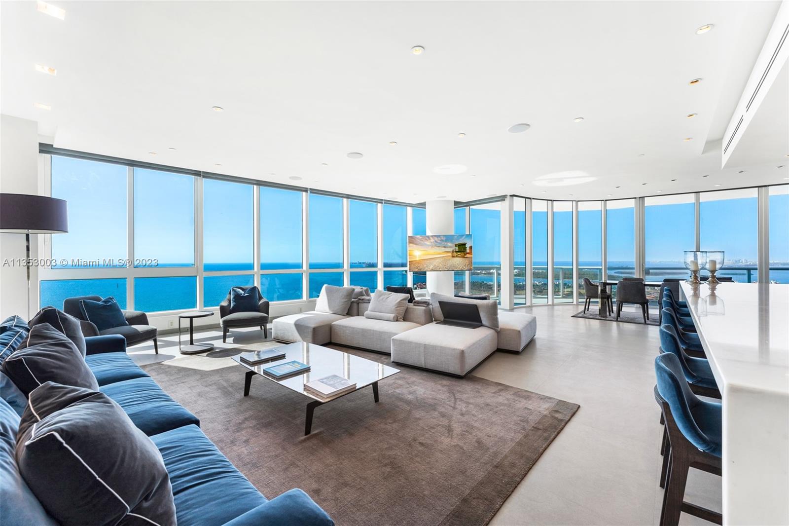 Spectacular, turnkey 3Bed/3.5Bath corner unit atop the Continuum South Tower. Come see what it feels like to be in the most heralded line at the Continuum South Beach. From the moment you arrive in one of 2 elevators into your private foyer, you will marvel at the quality of finishes and then the exceptional views from the Atlantic Ocean to Downtown Miami from 2 private balconies. Only the finest materials throughout such as a fine Italian limestone floor, gigantic marble island, custom cabinetry, and Miele appliances. The massive Master Suite features its own private balcony with direct crystal views of the Ocean and Fisher Island. Delivered fully furnished with Poliform furniture and adorned with numerous pieces of collectable art. Rarely available line as only 6 exist.