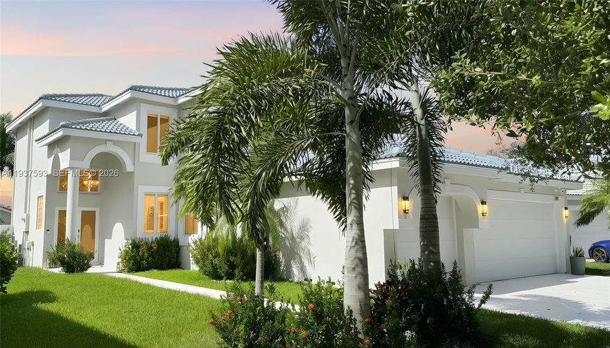 Renovated, exquisite residence is nestled within a secure gated community. The home features al impact windows and doors, stunning porcelain flooring, and a contemporary kitchen complete with designer cabinetry and high-end appliances. The captivating master suite offers a spa-like retreat, boasting a deep soaking tub and dual rain domes for ultimate relaxation. Functionality meets style in the laundry room, which is outfitted with brand-new cabinets and modern appliances. With five spacious bedrooms—including one conveniently located on the lower level—the layout is perfect for hosting guests or creating a dedicated home office. Ample storage and utility are provided by the three-car garage, featuring sleek epoxy floors and built-in cabinetry. Outside, the meticulously landscaped front and backyards are maintained by an automatic sprinkler system. Competitive pricing includes HOA fees that cover cable, high-speed internet, and access to the community pool and park.