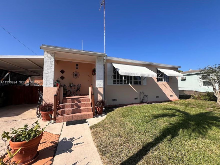 Fantastic opportunity in west Hialeah! This charming 3-bedroom, 1.5-bath single-family home sits on an oversized 6,300 SF lot with plenty of space to expand or create your dream outdoor retreat. The home features a welcoming covered, porch convert to parking car or enjoying the comfortable patio area, living & dining areas, wood flooring through the house, and a functional kitchen with ample cabinet space. Enjoy a large carport for added convenience. Located in a quiet, family-friendly neighborhood just minutes from Amelia Earhart Park, shopping centers, restaurants, and top-rated schools. Easy access to major highways including I-75 and the Palmetto Expressway makes commuting a breeze. Perfect for first-time buyers or investors seeking 9 great home with endless potential in a prime location!