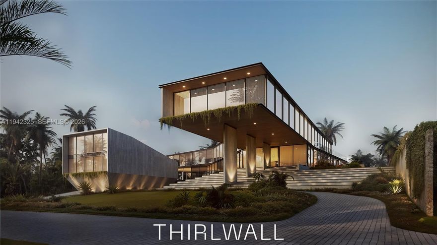Opportunity to build your dream home on near 50,000 sq foot lot. Conceptual design by Thirlwall Architecture inspire your new luxury waterfront estate with direct Biscayne bay views. Building code allows new build size up to 39,200 sq foot home, with concept design showing extraordinary 21,000 sq foot residence with 10 beds + 12 bath, 2,000 sq ft gym/spa sanctuary with sauna, steam, cold plunge, treatment rooms. Suspended staircases, office suite, theatre, hair salon, games room. Detached guest suite, padel tennis court, glass-enclosed climate-controlled car gallery for 14+ cars. Sale includes 22,000 sq ft.² strip of mangrove forest. Conceptual design only not yet approved and buyer must complete plans, permits, and construction. $21 million for land only.
