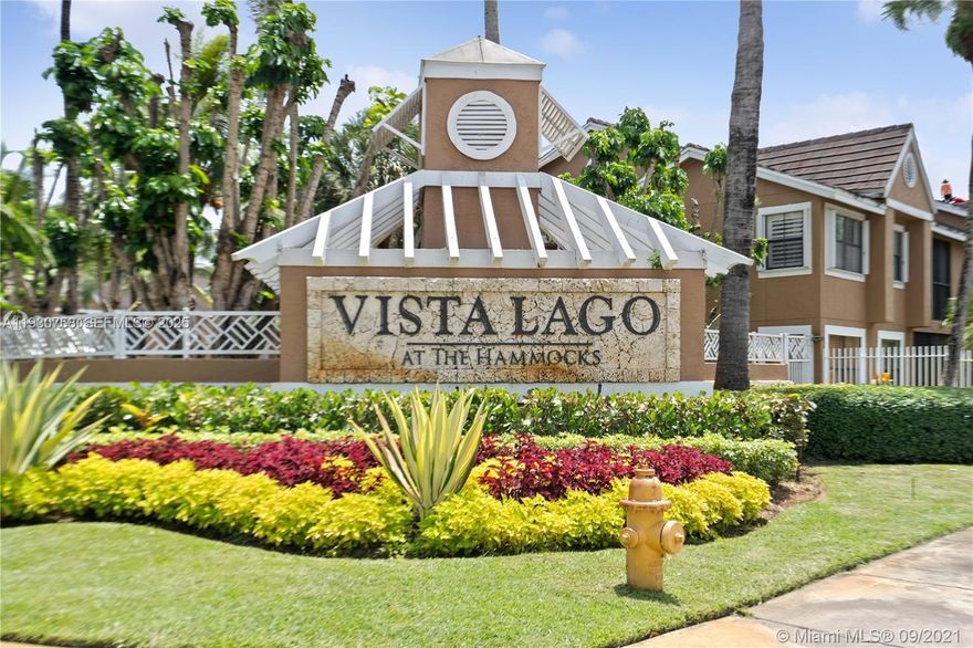 Apartment in Vista Lago At The Hammocks! Very spacious and open concept. The building consists of 2 floors and has no elevator. This unit has 2 bedrooms, with large walk-in closets and 2 bathrooms and is located on the second floor with a very large balcony. The kitchen is completely remodeled 10 months ago, Quartz Counter Top, Open concept, kitchen with stainless steel refrigerator (Stove and microwave 18 Month old), large (living/dining room, Kitchen Floor is 18 months old), high ceilings in the living room, one parking space right outside the unit, with a full-size washer/dryer inside. Gated community with pool area, grills, a full gym, billiards room, outdoor lounging area, lakes, beach volleyball, and a jogging/biking trail. WATER IS INCLUDED