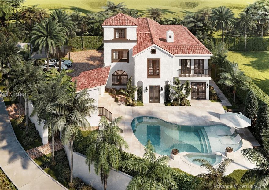 New, 5,000 sq.ft 5 Bed 6.5 Bath. Situated on the grandest lot in Mid-Beach, this 3-story home was originally built in 1925 by Carl Fisher, who selected its 12,600 pie-shaped parcel for its unique location; directly on the Miami Beach Golf Course and overlooking Par-3 Park. This contemporary Mediterranean consists of almost entirely new construction while preserving the prominent façade and character of the original home. Ideal layout of 4 beds up, with en-suite baths. Expansive master suite enjoys golf course & skyline views. A huge great room opens to pool area & cabana. Formal paneled study, chef’s kitchen, & separate guest suite tucked away complete the main level. Large semi-circular driveway + 1 car garage provide for excellent parking. Mid 2022 completion & chance to pick finishes.