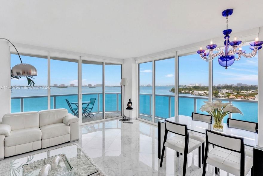 Located on the most coveted line in the building, this rare residence offers breathtaking 180-degree panoramic water views from every room. Floor-to-ceiling impact windows frame endless bay vistas, with stunning sunrises, centrally located near the beach and city! Enjoy resort-style living with a pool, BBQ area, gym, dog parks and attended front desk. Situated in North Bay Village, an area undergoing a major luxury transformation with new waterfront developments and a planned boardwalk—an exceptional opportunity to buy ahead of the growth.