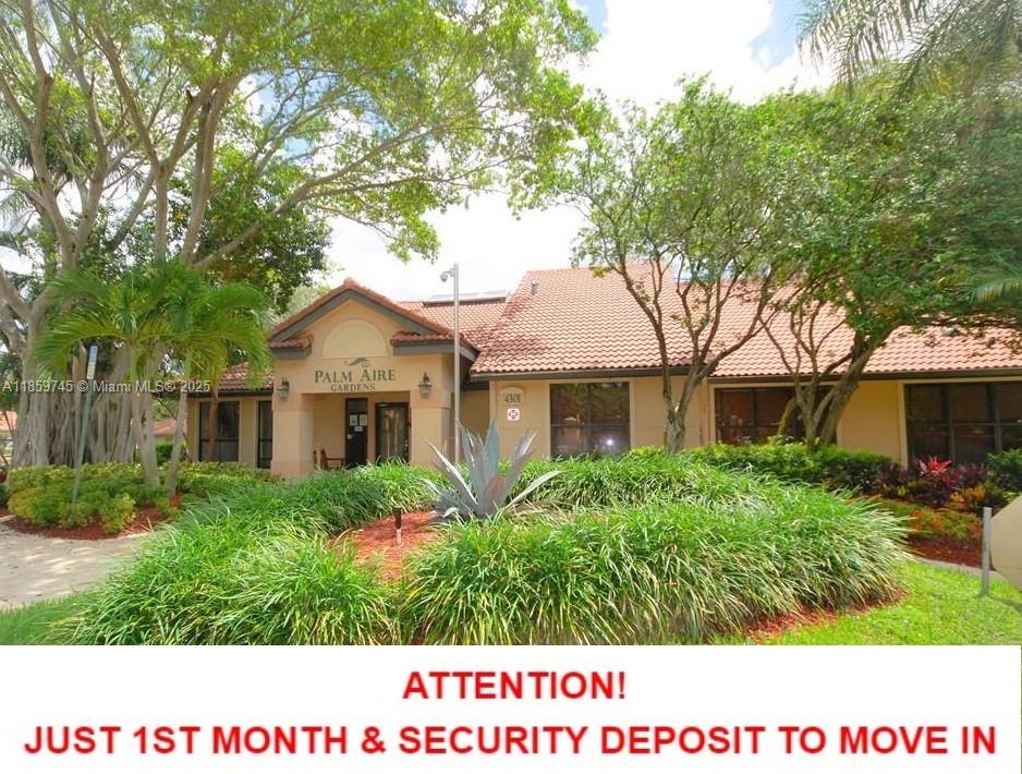 ATTENTION! JUST 1ST MONTH & SECURITY DEPOSIT TO MOVE IN!! Tenant Occupied until August 31st. This beautiful 2-bed, 2-bath ground-floor condo in the sought-after Palm Aire Gardens features an open floor plan and a fully equipped pass-through kitchen, perfect for entertaining. Enjoy resort-style amenities including 2 swimming pools, a fitness center, and 2 tennis courts. Conveniently located near restaurants, shopping, and with excellent access to major roadways—offering the perfect mix of comfort, convenience, and lifestyle!