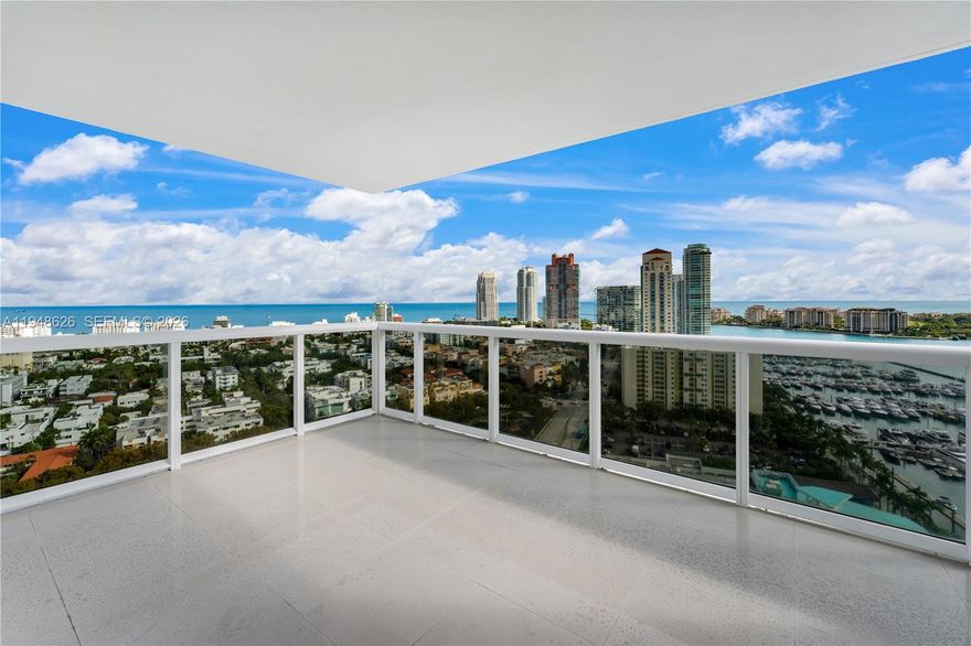 Panoramic water and skyline views define this rare corner residence at Murano Grande, where floor-to-ceiling glass fills the home with natural light and showcases Biscayne Bay, the Atlantic Ocean, and the Miami skyline. The spacious 2-bedroom, 2.5-bath layout offers 1,548 square feet of interior living, complemented by a 230-square-foot terrace designed to embrace South Florida’s indoor-outdoor lifestyle.

Expansive corner living and dining areas flow seamlessly to a deep terrace, ideal for dining, entertaining, or simply enjoying unobstructed sunrise-to-sunset views. A desirable split-bedroom floor plan provides privacy and flexibility, with well-separated suites ideal for guests, a home office, or dual primary living.

Located in the coveted South of Fifth neighborhood, just steps from South Pointe Park and the Miami Beach Marina, Murano Grande offers resort-style amenities including a serviced bayfront pool, private restaurant, fitness center, spa, tennis court, and 24-hour concierge and valet services.