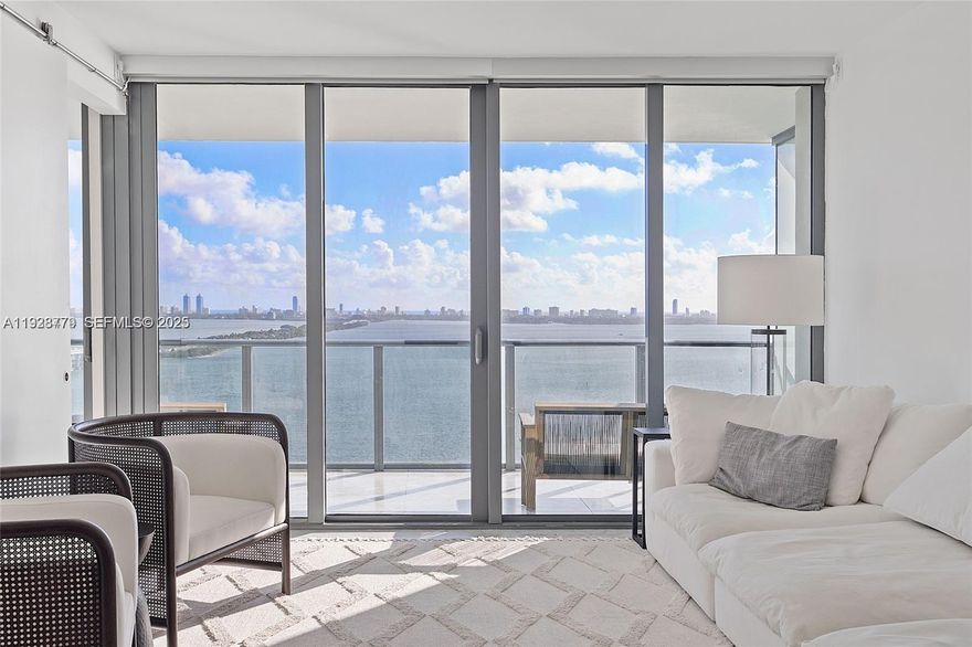 Spectacular unobstructed views of Biscayne Bay and Miami Beach facing East plus entertaining Miami city views West. Fall in love with this fully and exquisitely furnished 3Bd/4Ba + Den unit. Access from your private elevator/foyer into the spectacular views from an Italian-cabinetry open-kitchen and dining/living with breathtaking views of Miami's waterways. Ample balcony with access from the living area and Master bdrm fill this unit with natural light throughout. Each additional bedroom has its private bathroom too. High-end meticulously maintained furnishings and marble flooring. Remote-controlled window treatments. In one of the best buildings filled with resort-style amenities, spa, state of the art gym and the renowned Michael Schartz´s Amara Restaurant at your door.