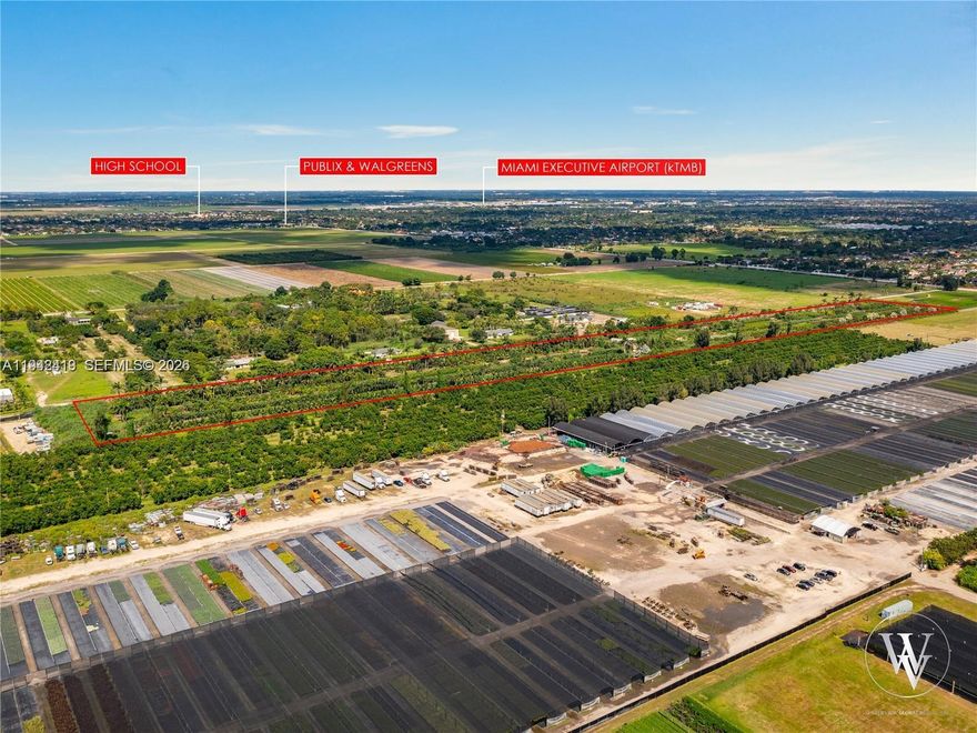 Land opportunity 20 acres at Miami, income nursery, large inventory, great location, easy access to main highways, 5.2miles to Kendall-Tamiami Executive Airport property is higher than most soil level elevation, in the last 20 years was spread 20,000 cubic yards of soil, with large irrigation pumps, and 3 big diesel engines. Also the area is under city review for rezoning to residential, land opportunity for future development, the site location is steps from Main Street,that across is residential area, with community gate residential homes, close to schools, next to Publix supermarket, Walgreens pharmacy, TD Bank, and more …