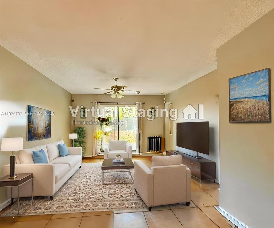 Updated 2/2 in Fairview at Pembroke Pines with tile floors throughout, 2019 A/C and water heater, hurricane protection, and upgraded bathrooms. Spacious primary bedroom with remodeled en-suite bath and walk-in closet. Beautiful kitchen with granite countertops, stainless steel appliances, plus stainless steel washer and dryer. Enjoy a screened patio with extra storage. Excellent Pembroke Pines lifestyle in a quiet, well-kept community, close to shopping, dining, parks, schools, and major highways. Easy to show—bring your buyers!