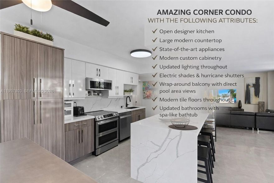 Wake up to tranquil Intracoastal views and sun-filled living in this contemporary corner residence located within Mystic Pointe’s resort-style waterfront community. Designed to maximize light and flow, the expansive layout is framed by floor-to-ceiling windows and opens seamlessly to a wrap-around balcony, creating the perfect setting for morning coffee, sunset relaxation, or entertaining. The home’s open kitchen anchors the living space with sleek finishes, custom cabinetry, and a modern aesthetic that blends functionality with understated elegance. The primary suite offers a private retreat, complete with a spa-inspired bath and generous walk-in closet, delivering everyday comfort with a luxury feel. Enjoy peace of mind and convenience with hurricane shutters, in-unit laundry, additional storage, and two parking spaces, all within a secure, full-service building featuring concierge, 24/7 security. Mystic Pointe offers a true resort lifestyle in Aventura, with amenities including a pool, fitness center, sauna, jacuzzi, tennis and pickleball courts, dog park, valet service, EV charging stations, and an on-site restaurant. Marina spaces for rent and purchase for those who have a boat. Ideally located just minutes from Aventura Mall, beaches, and houses of worship, this residence delivers refined waterfront living with unmatched convenience.