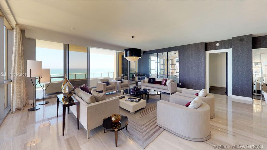 FENDI-designed and magnificently decorated, 1901 features an additional Juliette terrace in the master and larger terraces than other units, unique to the 19th floor. Adorned with light fixtures by Fendi and Swarovski throughout and appointed with contemporary wall-coverings and beautiful draperies. Fully-integrated Crestron Smart home, complete with Sonos audio. Ultra-high-end furnishings and collectible art are negotiable and can be included. Amenities feature Rolls Royce House Car,  state-of-the-art Spa and Fitness facilities with Hammam, Cinema, Golf Simulator, Wine/Cigar Rooms and Toddler/Teen lounges. Enjoy direct access to 5-Star/5-Diamond Acqualina Resort with on-sight dining by Il Mulino NY and AQ. 1901 is the most spectacular residence at Florida's most prestigious building.