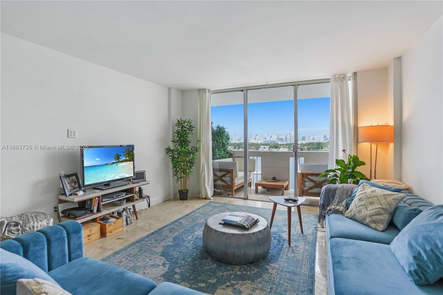 Direct bay view one bedroom condo with a balcony. Tastefully furnished with travertine flooring, updated kitchen and bathroom, and built-in closet cabinetry. Enjoy stunning views day and night with a view of Biscayne Bay, Star Island, the downtown skyline, and the cruise ships.  The South Bay Club offers resort style living with a stunning open air lobby, a large Bayfront pool deck, fitness center and community room.