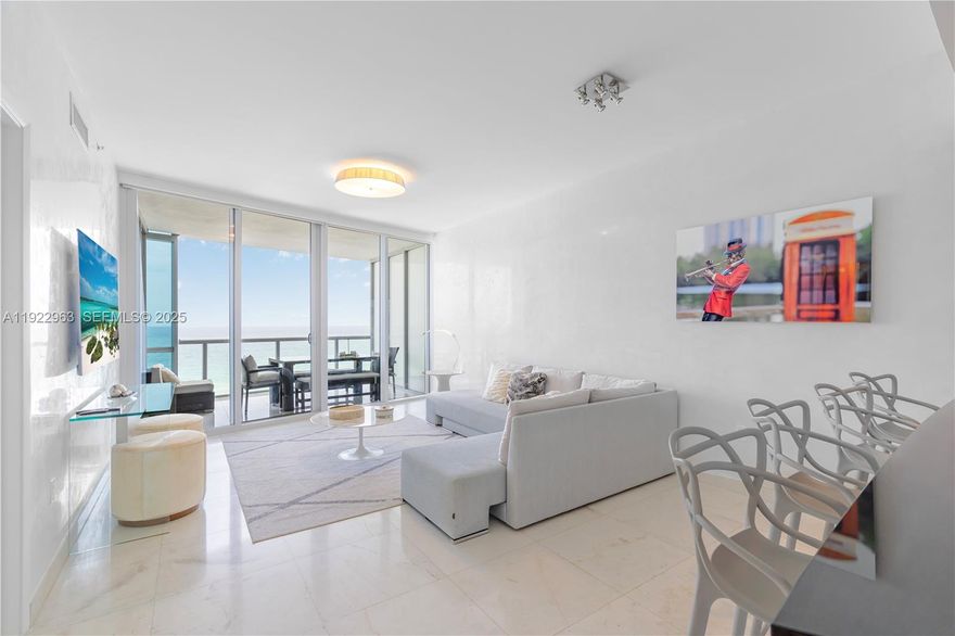 This spectacular ocean front apt. is designed to enjoy Miami’s luxury lifestyle by the sea. Natural light, exceptional ocean views, and a beautiful floor plan furnished by Artefacto, offer true comfort. Outstanding Calacatta marble flooring and motorized sheer blinds are meant to elevate everyday living blending sophistication and elegance. Experience this unique condo unit, where residents enjoy resort-style amenities, including sunrise and sunset pools, and the exclusive beach service also attended by delicious Jade Ocean kitchen and bar.