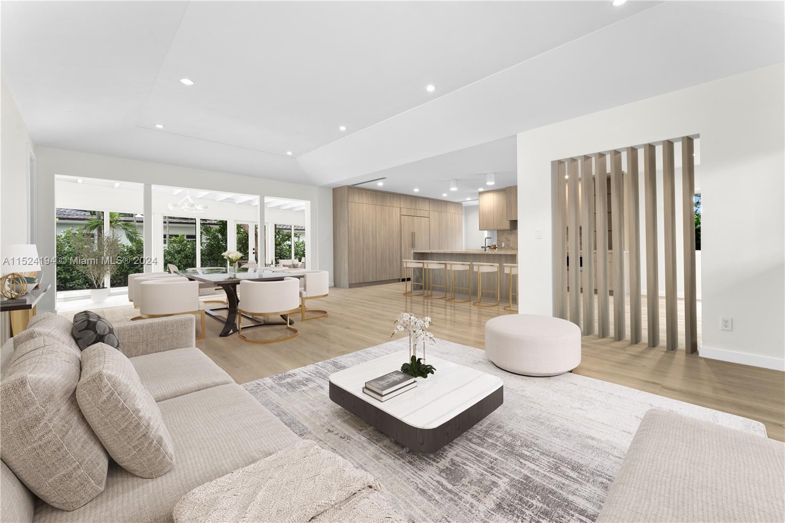 Fully renovated & completed in 2024 w/ POOL PLANS IN PROCESS. This single-story home located on coveted Sunset Island I offers designer finishes & an unparalleled level of sophistication. Situated on a corner lot spanning 12,524 square feet, this private oasis features an open living space & elegant wide plank flooring. Kitchen boasts Wolf & Sub-Zero appliances & waterfall marble countertops. An abundance of natural light flows in from floor-to-ceiling hurricane impact windows & doors, showcasing the elevated natural finishes throughout. Principal suite w/ walk-in closet, steam shower & dual sinks. Equipped w/ 2-car garage, private deck off primary suite & expansive backyard patio. The lushly landscaped backyard offers a perfect setting for entertaining in style.
