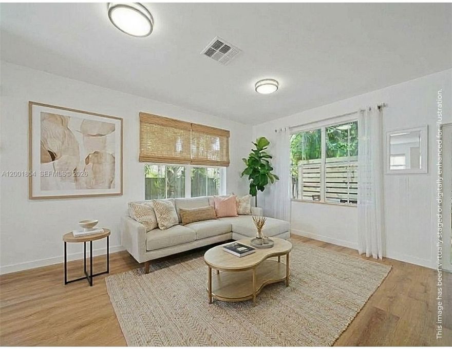 2 bed / 1.5 bath in prime, walkable Coconut Grove location! Experience the best of Coconut Grove living from this ideally located townhome in the lush, boutique enclave of French Village. Situated on the far end of a 4-unit building, this home offers approximately 840 sq ft of bright, thoughtfully designed living space. Outdoor living is a highlight, with a spacious deck perfect for relaxing or entertaining while enjoying the surrounding greenery. Inside, an open-concept kitchen with ample counter space flows seamlessly into a sun-filled living and dining area designed for comfortable everyday living. Upstairs, two spacious bedrooms feature vaulted ceilings and abundant natural light, complemented by a beautifully appointed bathroom. A convenient half-bath is located on the main level for guests. Washer/dryer inside the unit. Ideally positioned in the heart of Coconut Grove, just a short walk to some of Miami's best restaurants, cafés, parks, marinas, shops, and highly regarded public and private schools.