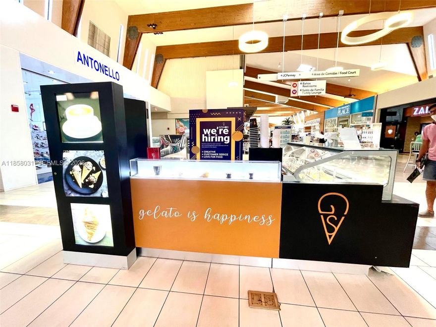 Gelato business opportunity for sale in busy regional shopping center in Hialeah. No mall approval required nor lengthy negotiation for this lease assignment. Quick turn-around to get into the business and start generating income, or begin processing your foreign E-2 VISA. Low rent of $4,200/month. Selling equipment, kiosk, inventory, contracts with vendors, knowhow, and lease agreement with Westland Mall. This asset has been used to process a foreign E-2 VISA. Turn-key, seamless operation. Currently operates under a 100% absentee owner. Keep the current branding, which is NOT a franchise, or rebrand to Viva Gelato, which is already registered; both options available. 4.5 years remain on the current lease. Easy business to operate with few employees. Absolute turn-key. Motivated.