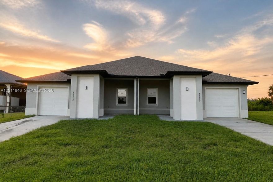10K SELLER CONCESSION!! Be the first to own this beautifully built 2026 NEW CONSTRUCTION DUPLEX located in the rapidly growing 33973 AREA OF LEHIGH ACRES—an excellent opportunity for both INVESTORS AND HOMEOWNERS seeking MODERN LIVING WITH INCOME POTENTIAL. NO TENANTS CURRENTLY IN PLACE, giving you full flexibility to set your own rents or occupy one unit while renting the other. Each unit features a spacious 3-BEDROOM, 2-BATHROOM LAYOUT with an attached 1-CAR GARAGE and a thoughtfully designed OPEN-CONCEPT FLOOR PLAN offering both comfort and functionality. The kitchens are equipped with GRANITE COUNTERTOPS, MODERN CABINETRY, AND FULL APPLIANCE PACKAGE, while TILE FLOORING THROUGHOUT enhances durability and provides a clean, contemporary feel. The PRIMARY SUITES include WALK-IN CLOSETS AND PRIVATE BATHROOMS WITH WALK-IN SHOWERS, and LAUNDRY IN RESIDENCE adds everyday convenience. Enjoy an OPEN LANAI/PATIO AND PRIVATE BACKYARD SPACE in a quiet residential setting, along with features such as IMPACT-RESISTANT WINDOWS, SPRINKLER SYSTEM, WELL WATER, AND SEPTIC for efficiency and peace of mind. Conveniently located with easy access to SR-82, FORT MYERS, SHOPPING, DINING, AND MAJOR ROADWAYS, this property is perfect for HOUSE HACKING, RENTAL INCOME, OR LONG-TERM INVESTMENT, offering VERSATILITY, MODERN DESIGN, AND STRONG RENTAL POTENTIAL in a high-growth area.
