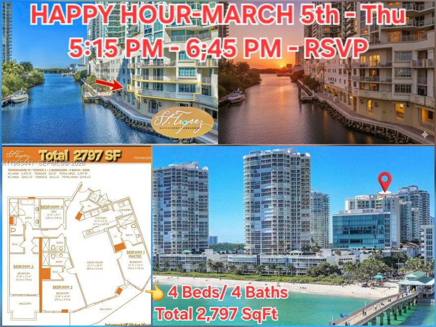 INVITE: Happy-Hour & Property Preview – March 5th, 5:15 PM – 6:45 PM (RSVP Required). Highest and best offers due by Monday, March 9th, at 5:00 PM. Rarely available, TH-205 at St. Tropez on the Bay is a sprawling 4-bedroom sanctuary (3 Bed + Large Closed Den) 4 Full bathrooms, spanning 2,797 total SF. This residence redefined luxury with a "PH-style" layout and the rare convenience of parking directly at your front door—eliminating elevators for a true home-like feel.
Why is the Best Value in Sunny Isles:*Exceptional Pricing: Offered at $465/SF ($1,150,000), while comparable units command over $800/SF. (See MLS A11937522).*Superior Layout: A bright, open floor plan with no wasted space. Features a renovated kitchen, hurricane impact glass, and a split-suite design where every bedroom offers private baths and serene water views. *Ultimate Privacy: A south-facing unit with a private foyer, ensuring total discretion and no noise from neighboring units or street traffic.*Luxury Lifestyle: Includes world-class amenities (pool, gym, sauna, 24hr security) PLUS exclusive beach service with chairs and umbrellas at Sole Resort.*Prime Location: Steps from Gateway Park, elite dining, and Aventura Mall. Low HOA fees (under $1.20/SF) cover premium services and two quiet, foyer-located A/C units.
 Don't miss this 30% below-market opportunity. Easy to show—schedule your tour today!