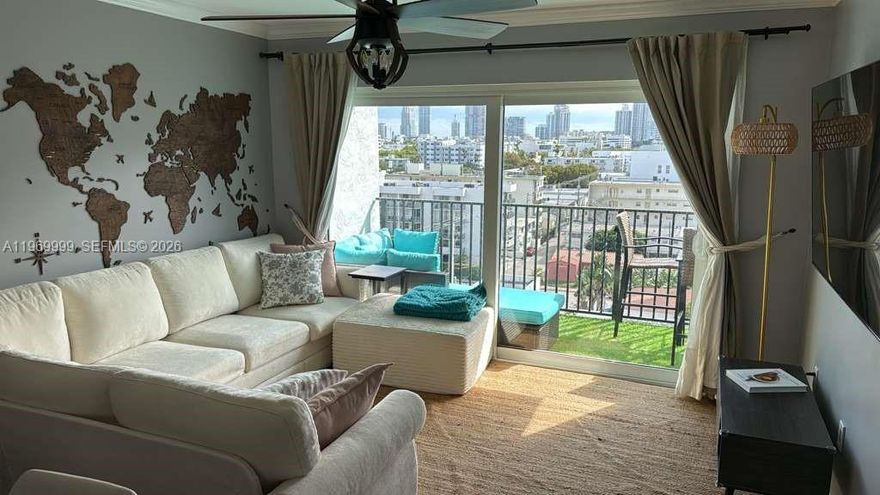 Cozy, Fully Renovated & Move-In Ready - Sold Furnished! Beautiful one-bedroom + den apartment in the heart of West Avenue, Miami Beach’s most desirable and walkable neighborhood. This quiet, spotless home features a warm, stylish interior, brand-new furniture and décor included, stunning views, and a spacious balcony perfect for morning coffee or sunset relaxation. Just one block from the Baywalk, under 10 minutes' walk to South Beach, and steps from Trader Joe’s, Whole Foods, cafés, and top restaurants. Includes one parking spot, hurricane-proof top-brand windows, and board approval for in-unit laundry. Gorgeous pool coming soon. Warrantable Mortgage, but prefer a cash deal. A rare turnkey opportunity combining comfort, location, and lifestyle.