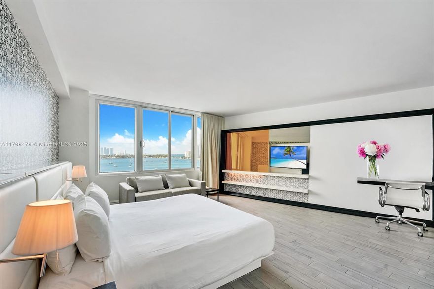 Luxurious, fully furnished studio with kitchenette at the chic Mondrian South Beach offers direct bay views and a stylish, modern design by Marcel Wanders.  Amenities include a stunning tropical pool with daybeds and cabanas, 5-star dining options, sunset bar, spa and fitness center, steam and sauna, hair and nail salon, marina access, and 24-hour concierge. Enjoy restorative treatments, watersports, yoga classes and the vibrant bayfront Baia Beach Club. The hotel recently underwent a $20M renovation. Located in South Beach's vibrant neighborhood near Lincoln Road and top dining spots, this building offers unparalleled prestige and access to the area's lifestyle. Available June 1st.