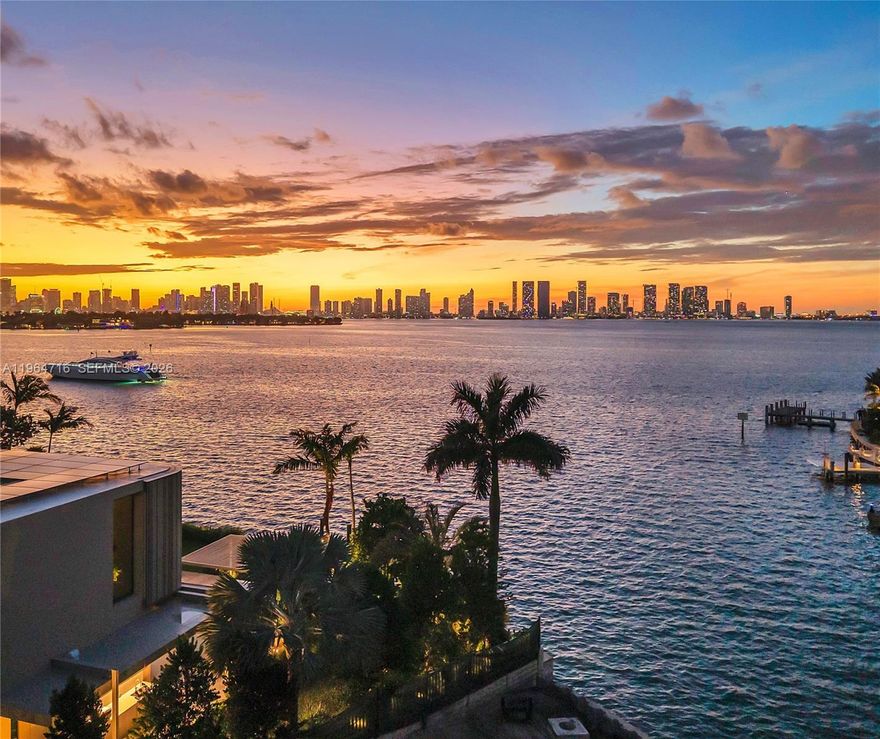 Extraordinary “Villa Tramonto” on gated Sunset Island 4 with sublime sunset views and coveted west exposure. Luxurious waterfront property under construction but still time to imbue your custom desires to create your dream home! West-facing lot boasts 152 feet of prime waterfrontage, 6000 sq foot understory housing rare 10+ cars in climate-controlled gallery, gym, storage. Walk to vibrant Sunset Harbor restaurants, retail, and purchase includes one year private membership Sunset Padel. Expansive terraces, resort-style double deck infinity pool with elegant water wall, steam room and sauna. Master suite with approx 2,000 sqft with separate sitting room and his + hers bathroom and closets. Creston smart home. Livable square footage is 16,000 sq feet. Completion spring 2026. Roof top entertainment deck for champagne sipping sunset soiree's, and private jacuzzi with 360 degree with of Miami Beach. Stunning custom furniture and furnishings being installed so it it turnkey and ready to you to move in. Call today to take a tour on your new dream home.