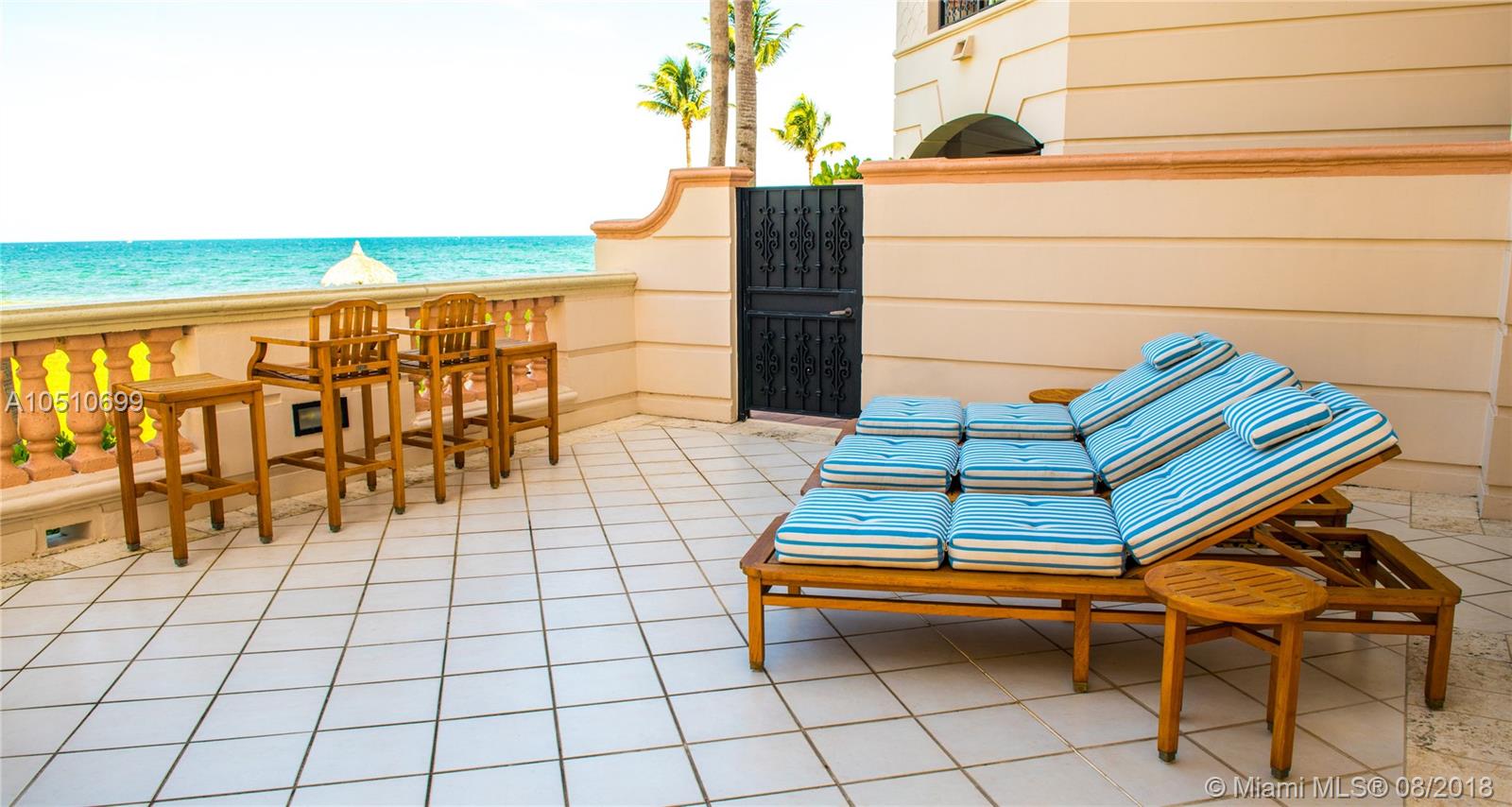 This traditional and elegant 3bed/3.5bath 3,580 sf. oceanfront residence feels more like a private home. The unit is located on the first floor giving you easy access to the beach from the 3,700 sf outdoor terrace. The residence has a fantastic layout as all the common rooms flow perfectly into one another making for ideal entertaining. The master bedroom has his/her walk-in closets, dual vanity in bath and a separate sitting area for pure relaxation. The 2nd and 3rd bedrooms are both of very good size with full en-suite baths and ample closet space. All bedrooms have their own private door out to the terrace. Ocean views from living room, dining room, den and kitchen. Crown molding, recessed lighting, marble floors. Subzero and Wolf kitchen appliances and much more.