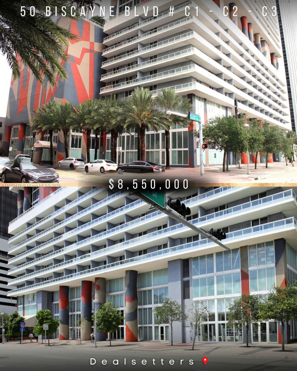 50 Biscayne building : All commercial units C1 - C2 - C3, Three units for sale individually. Three units total size 13,075 Sf. Ground floor size 6.500 SF, Mezzanine 1, 975 SF. However outdoor around 4,600 SF. Located Downtown Miami - Biscayne Boulevard & Flagler Street.