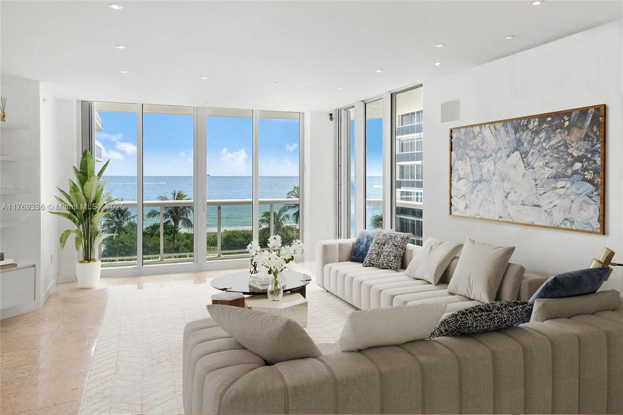 Experience luxury at The Solimar in this stunning turn-key residence featuring the coveted E Line. With triple exposure, enjoy direct ocean and city views from wraparound terraces that offer sunlight all day. This 3-bed, 2.5-bath home includes stone floors, modern built-ins, and a private elevator landing leading to a spacious living area. A large pantry/utility room adds convenience. Ideally located across from Bal Harbour Shops, this residence blends elegance with lifestyle. Amenities include pool and beach service with towels, gym, community rooms, valet, and private parking.