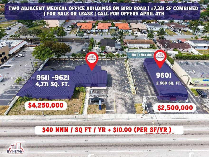 ALL FOR OFFERS APRIL 4TH — Rare opportunity to acquire or lease 9611-9621 SW 40th St, a ±4,771 SF medical office building located on the highly visible and heavily trafficked Bird Road corridor in Miami. The property offers a functional medical layout with 7 exam rooms, 2 waiting areas, a spacious therapy room, X-ray room, laboratory, kitchen, 3 restrooms, and 29 on-site parking spaces. Perfect for owner-users, investors, or medical groups looking for a prime Miami location with excellent accessibility. The adjacent ±2,560 SF freestanding medical office at 9601 SW 40th St is also available, allowing the unique option to acquire both properties together or separately for a combined ±7,331 SF of medical space with abundant parking.