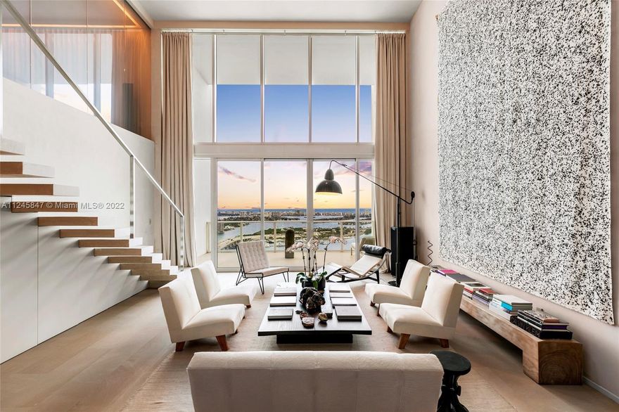 Live in a 3-story home in the sky boasting endless views over downtown Miami, Biscayne Bay and the ocean at the coveted Ten Museum Park. This Tower Suite boasts 3 bedrooms, 3,986 square feet of living, 20 ft high dramatic ceilings, a private pool on the 44th floor and breathtaking views. Enjoy the best views in all of Miami from the main living areas and principal bedroom. Sliding glass impact doors open to an oversized balcony overlooking breathtaking picturesque bay and city vistas from soaring ceilings with expansive walls of glass. This full-service luxury building offers 5 star service including 24-hour concierge, valet, state-of-the-art fitness center, wave pool, yoga, cycling and a steam room with spa.