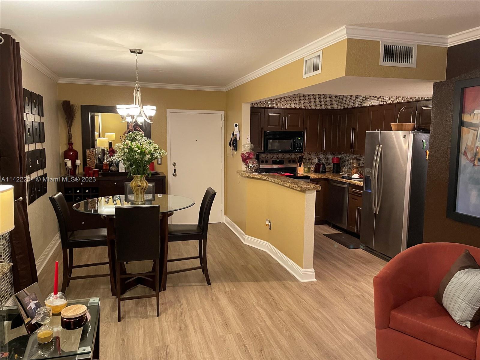 Fantastic Corner Unit in Doral Gardens II Community. This apartment has been tastefully remodeled, just bring your toothbrush. Unit features, granite countertops with stainless steel appliances. Balcony overlooking the garden and street views. This Unit is very private and one of the biggest 1/1 in the building. Located in the 3rd floor, but there is Elevator. Laundry room located in the 2nd floor. Community has amenities, pool, gym, playground etc..and association is under $300. Buyer will agree to Owner post occupancy for 30 days or less. Showings only on weekdays after 6.30 PM and weekends by appointment. TEXT LA for faster response.