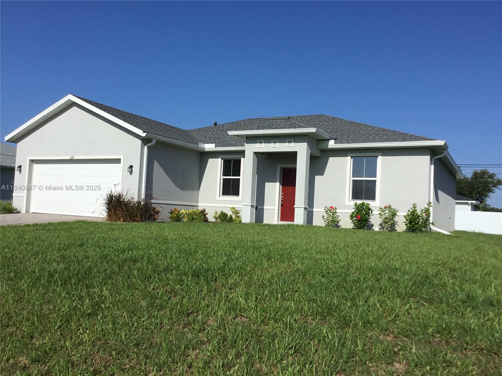 Brand New Home for Rent in the Heart of Cape Coral! Be the very first to live in it. This modern home features 3 spacious bedrooms + a den, perfect for an office, playroom, or study, and 2 full bathrooms with stylish finishes. The home offers ceramic tile flooring throughout no carpet, making it easy to clean and giving it a sleek, fresh feel. It also includes a large laundry room with brand-new washer and dryer. All window covers installed.Enjoy a private, spacious yard on a quarter-acre lot. The property includes all new appliances, central air conditioning, brand new water treatment system that will be a saving tool for tenant because there is not a water bill. A two-car garage with electric door. Conveniently located close to Del Prado blvd, Diplomat pkwy and Pine island Blvd .Vacant