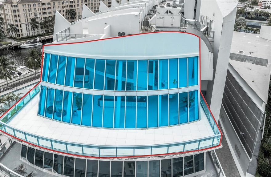 Modern TRI-LEVEL Penthouse plus ROOF TOP in the prestigious Artech Aventura. This is THE only unit with 120' FT private dock for your vessel. A true BOATERS PARADISE ! Spacious 5 bedroom and 5/1-bathroom offering impressive floor to ceiling panoramic impact windows with direct intracoastal/ocean views. Enter through the second level and find an open formal living room and kitchen w/ Subzero and Miele appliances, formal dining and large junior suite with sitting rm/office. Glass staircase takes you to first level which offers 2 en-suite bedrooms and on the third level find a spacious loft area, master suite with sitting room/office and an additional bedroom.
Fourth level offers a private roof top terrace/sun deck. State of the art amenities including valet, tennis court, 24hr/security
