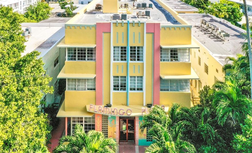 Spacious one-bedroom, one-bathroom corner unit in Flamingo Plaza, a classic Art Deco building on tree-lined Meridian Ave. The prime location is directly across from Flamingo Park, offering great amenities like a pool, gym, dog park, racquetball courts, and 19 clay tennis courts. The large kitchen connects smoothly to the living area, featuring high ceilings and plenty of natural light. Recent updates include a new water heater and central AC. Building features bike storage, laundry room and elevator. Easy to show.
