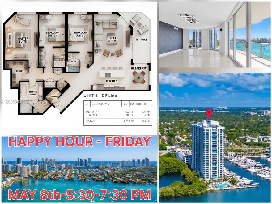 HAPPY-HOUR FRIDAY_MAY 8th-5:30-7:30 PM-RSVP-3 Parking Spaces-2 covered+Vallet- Total 2,624 SqFt, Luxury Living Beautiful 3BD/3BA/1HB residence located at 17111 Biscayne Blvd #909, NMB / AVENTURA in the prestigious Marina Palms yacht club community. This spacious 2,421 SF unit (built in 2017) features modern finishes, floor-to-ceiling windows, and abundant natural light. Enjoy a private balcony with beautiful views, perfect for relaxing or entertaining.
Resort-style amenities include a full-service marina, state-of-the-art fitness center, spa, pool, clubhouse, and 24-hour security. Prime location close to Aventura Mall, beaches, dining, and major highways.
Pets: Up to 2 (combined weight 62 lbs). Parking: 2 covered spaces ($ 80,000 value)+ valet for a third vehicle at no additional charge. Storage: 1 included. Leasing: Immediate rentals allowed; 6–12 months. No special assessments.
Experience waterfront living at its finest!