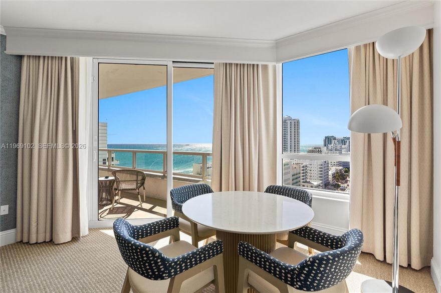 Enjoy beautiful views of the ocean, bay, and city from this one bed two bath at the Fontainebleau II Tresor Resort. This fully furnished, turnkey unit features a king bed, sleeper sofa, full kitchen, and washer/dryer. Enjoy full-service, vacation-style living. Option to enroll in hotel rental program & receive income while away! The Fontainebleau resort offers award-winning restaurants, LIV night club, Lapis spa & state-of-the-art fitness center, bakery, shops, full-service salon and more. Maintenance fees include all utilities: AC, internet, cable, electricity, valet + daily free breakfast in owner's lounge. Please click virtual tour link to view video.