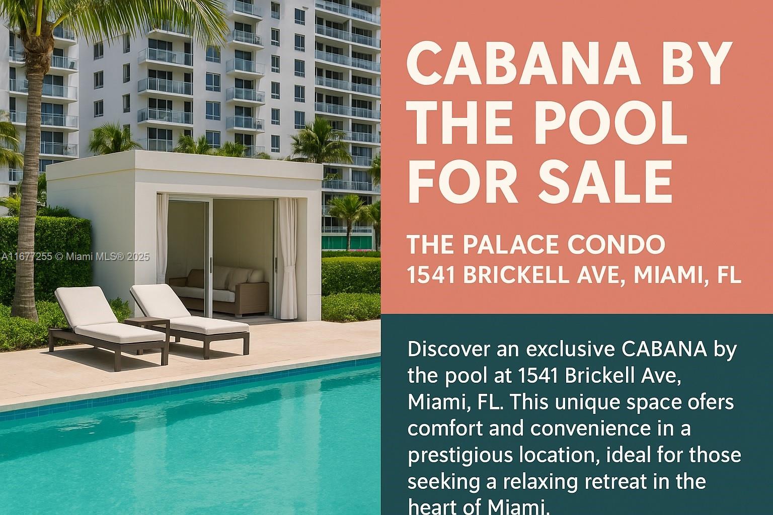 Discover an exclusive CABANA by the pool at 1541 Brickell Ave, Miami, FL. This unique space offers comfort and convenience in a prestigious location, ideal for those seeking a relaxing retreat in the heart of Miami.