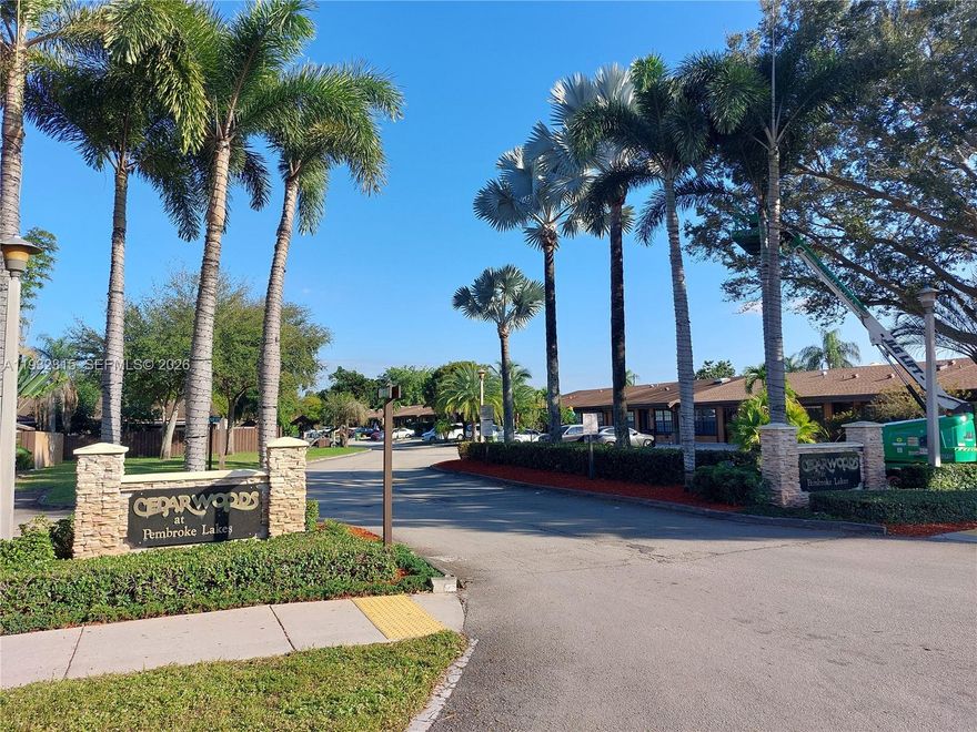 Welcome to this super charming, updated villa in the sought-after Cedarwood Community. This fee-simple home offers 2 bedrooms and 1 bathroom with stylish upgrades throughout, including a new roof, new windows, new fencing, and a renovated kitchen. FHA approved with a low HOA, this home blends comfort, value, and modern living in a peaceful community setting with a beautiful sidewalk along the Pembroke Lake water body. Location is key! Right on the border of Pembroke Pines and Cooper City—truly the best of both worlds. Located near excellent schools for the little ones and offering an easy commute with quick access to I-75 and the Florida Turnpike, this move-in-ready villa combines convenience, and charm.