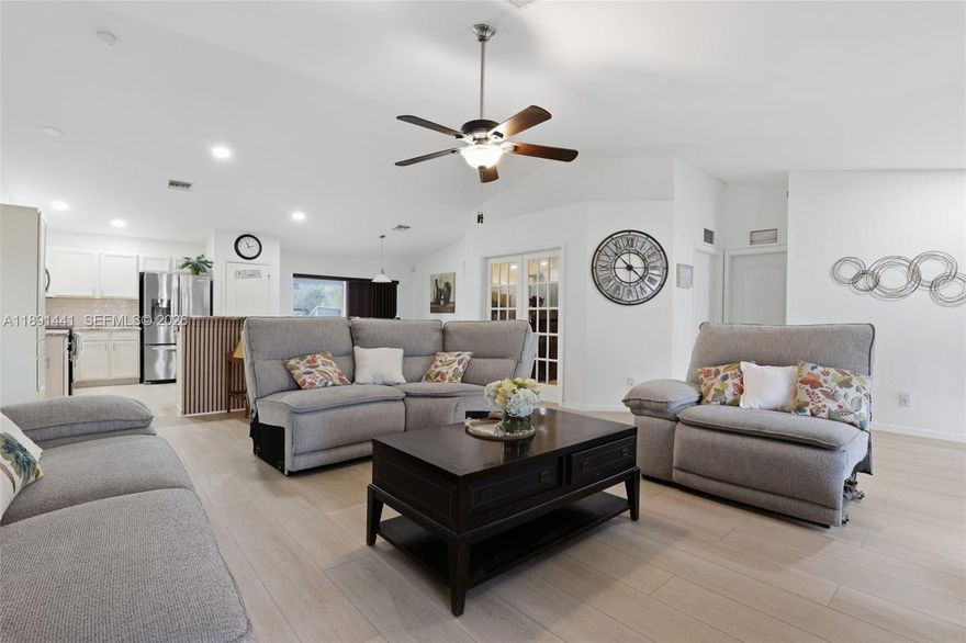 ***New Updates were recently done to the property please see updated photos and check out Brokers remark***Seller is offering $7,500 in seller concessions. Buyer may receive an additional $2,500 toward closing costs when using seller’s preferred lender total potential incentive up to $10,000 toward buyer’s closing costs.***
Welcome to this 3BR/2BA + den and pool home in Lehigh Acres, built in 2007 with stucco exterior. The open kitchen area features stainless steel appliances, tile floors throughout, and ceiling fans in every room. Spacious living area for entertaining. Split floor plan offers a private master suite with separate shower and tub/jacuzzi and dual sink. Two bedrooms share a bath with private access doors, also connecting to the den. Impact windows throughout except the sliding door to the patio (with shutters). Enjoy the screened lanai with in ground 6 Feet pool and private BBQ area. Roof less than 2 years old, central A/C, new water system 1 year old and functional layout designed for comfort.