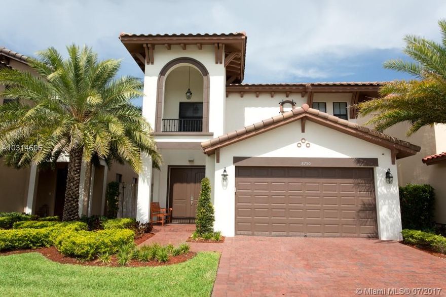 Fully Furnished residence within a private, gated Doral community. A 4 bed/3 bath, magnificent two story home featuring a bedroom downstairs for convenience. Every room is elegantly and tastefully designer decorated. Built 2015, all appliances, furniture, roof, electronics, pool, flooring, AC are new offering the confidence & peace of mind only a brand new home can provide. The 2nd floor landing is spacious & allows for creative use;office, play area, sitting area. The manicured landscaping, pool, & stylish outdoor furniture contribute to an atmosphere of luxury & relaxation. Fully automated smart home. Central Park site & Community Clubhouse grand-opening in August-see pictures. This residence is listed as an all-inclusive purchase for a buyer who requires the ultimate turn-key residence.