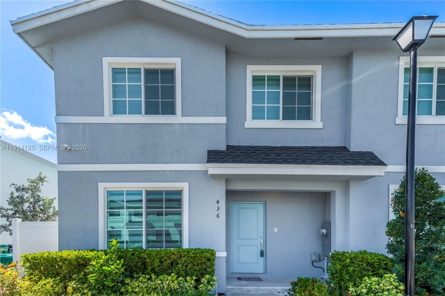 Modern corner townhome with 3 beds, 2.5 baths, open living/dining/kitchen layout, and full impact windows/doors. Kitchen features stainless steel appliances, white cabinetry, and granite countertops. Sliding patio door includes remote-controlled shade. Private patio offers solar lighting, motion sensors, and fruit trees (papaya and cucumbers). Security system is ready to connect. Low HOA. Ideally located between Miami and the Florida Keys, minutes to downtown Homestead, dining, shopping, US1, Krome, and the Turnpike. Come home to comfort, style, and sunshine!