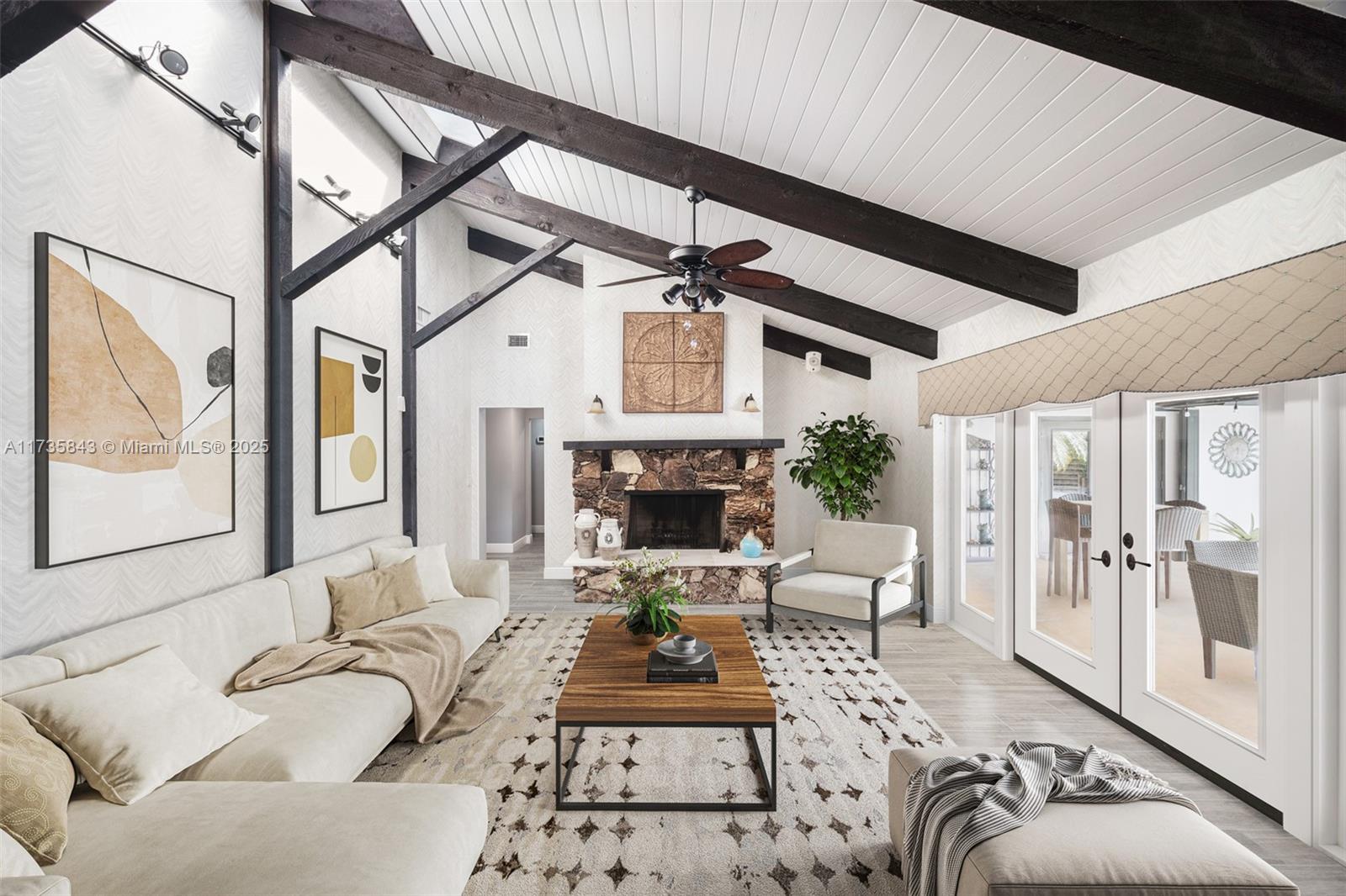 Located in a picturesque, serene neighborhood, this 4-bed, 2.5-bath home perfectly blends a traditional floor plan w/modern renovations. There are generous living spaces, including a family room that exudes warmth + comfort w/vaulted ceilings, exposed beams, fireplace + skylights. The eat-in kitchen was totally remodeled in 2018 w/large island + plenty of storage, all framed by oversized picture windows. The home is also perfect for entertaining: there's a bonus room w/a built-in wet bar, new pergola + outdoor kitchen. The outdoor spaces are not to be missed with a large covered patio, pebble-tec pool + impeccably-maintained landscaping. Additional features include: 2017 metal roof, hurricane-impact windows/doors, 2 AC units (2020 & 2024), newly-remodeled laundry area, + so more.