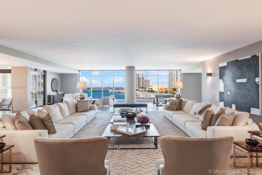 Sleek, contemporary sophistication meets luxurious island living. 8,430-SF residence features 5BR, 5+1 BA. Designed & fully furnished by Artefacto, the residence boasts panoramic views of Biscayne Bay & the Atlantic Ocean. Enter through the private elevator, you’re greeted by this incredible open layout residence w/10 ft floor-to-ceiling windows & an impressive 2,400+ SF of wraparound terraces. Features: a gourmet Boffi kitchen w/ Gaggenau & sub-zero appliances, principal suite w/terrace & dual walk-in closets made for royalty, principal bath w/ Statuaria Bookmatched marble & Starphire glass, throughout Dornbracht & Duravit fixtures. Palazzo Del Sol residents enjoy 6-star concierge service & amenities. Every space is designed w/ highly curated works of art showcasing stunning craftsmanship