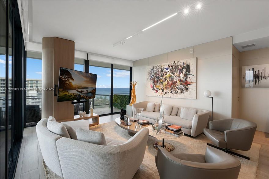 LUXURY OCEANFRONT LIVING AT EIGHTY SEVEN PARK! Designed by world-renowned architect Renzo Piano, Eighty Seven Park offers an exclusive collection of 66 residences seamlessly blending architecture and nature. This stunning corner unit features a 2 bed, 2.5 bath split floorplan, private elevator lobby, floor-to-ceiling glass, and an oversized terrace with a summer kitchen, perfect for alfresco dining with breathtaking sunset and ocean views. The state-of-the-art kitchen boasts Sub-Zero & Miele appliances complemented by designer paneled walls and built-ins throughout the apartment. Enjoy world-class amenities, including a spa, fitness center, resort-style pools, poolside Fugo bar and 24-hour security & concierge.
