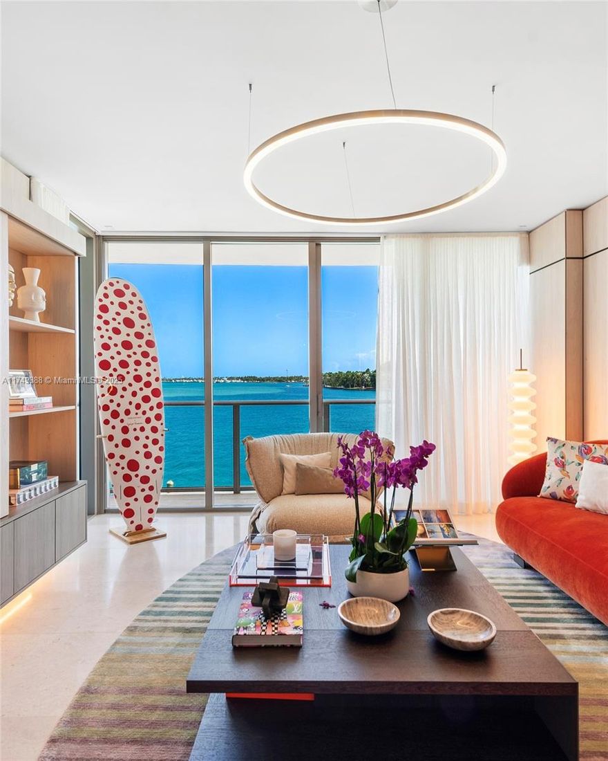 Fully upgraded & furnished water-front residence, by world-class designer. 3 bedrooms (master's facing the Bay with private terrace), 2nd & 3rd bedroom with a "one-of-a-kind" extensive terrace +300 sqft, Studio/Library & TV room. Iconic design throughout. Top of the line appliances, high-quality European bathrooms (master bath includes a large bathtub with separate shower), spacious walk-in closets & lightning fixtures. Brand new boutique tower by renowned Ugo Colombo (impeccable constructing quality). Building offers rooftop pool with breathtaking views of the Bay, Private Marina, Full Spa/ Wellness center, Concierge  & Valet parking. Ideal location in quiet/safe & exclusive Bay Harbor Island walking distance to Bal Harbor Shops & the beach. EXTRA $850K FOR MARINA SLIP.