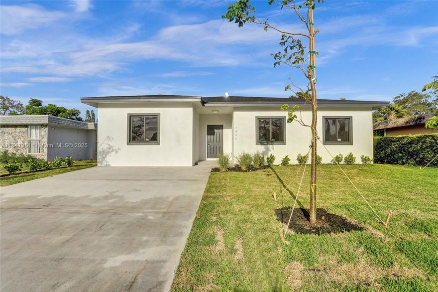Welcome home! This 2025 brand new construction 4 bedroom and 3 full bath home has all the bells and whistles. With a unique design split floor plan the home has 2 master suites. The modern custom interior will surely wow any buyer. With egress hurricane impact windows, brand new roof, electrical, and plumbing, all of the hard work has been done. Freshly manicured lawn with automatic sprinkler system completes the homes curb appeal. With over 2000 sqft of living area, the floors are draped in porcelain tiles. The custom designed sleek kitchen is ravished with quartz countertops and black stainless steel appliances. Spa quality touches added in each bathroom. The backyard is large enough to fit a pool, play area, or both. Show today!
